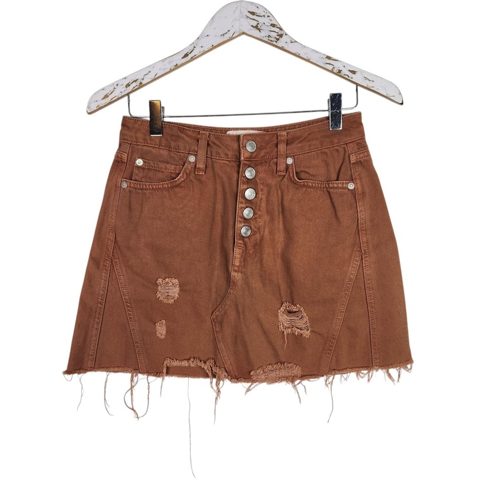 We The Free Skirt Womens 26 Rust Brown Solid Denim Distressed Short Raw Hem